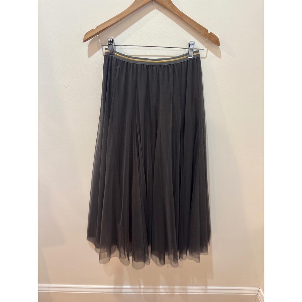 Chic Tulle Midi Skirt Dark Gray Elastic Waist Pleated Layeredâ